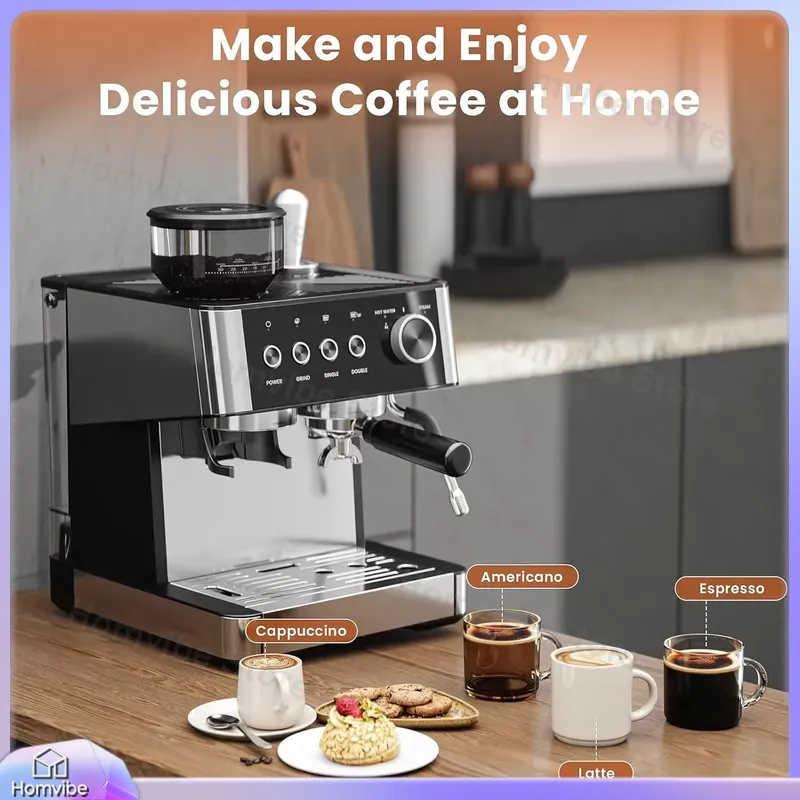 Home Bar And Coffee - เครื่องชงกาแฟเอสเพรสโซ 20 บาร์ พร้อมเครื่องบดในตัว และก้านตีฟองนมสำหรับทำลาเต้ คาปูชิโน