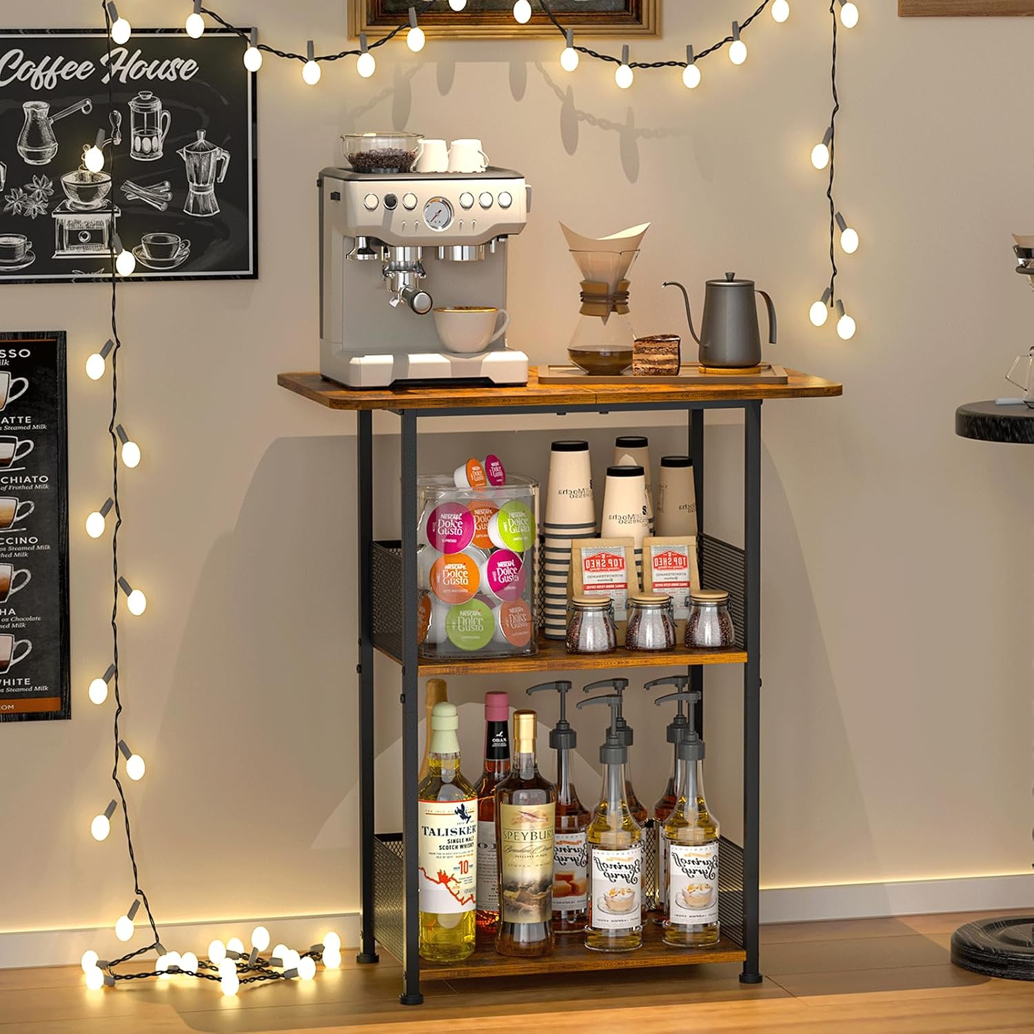 Home Bar Shelves - ชั้นวางกาแฟแบบตั้งพื้นขนาดเล็ก, โต๊ะกาแฟ 3 ชั้น, ตู้เก็บของมุมสไตล์ฟาร์มเฮาส์สำหรับบาร์กาแฟ; ห้องรับประทานอาหาร,