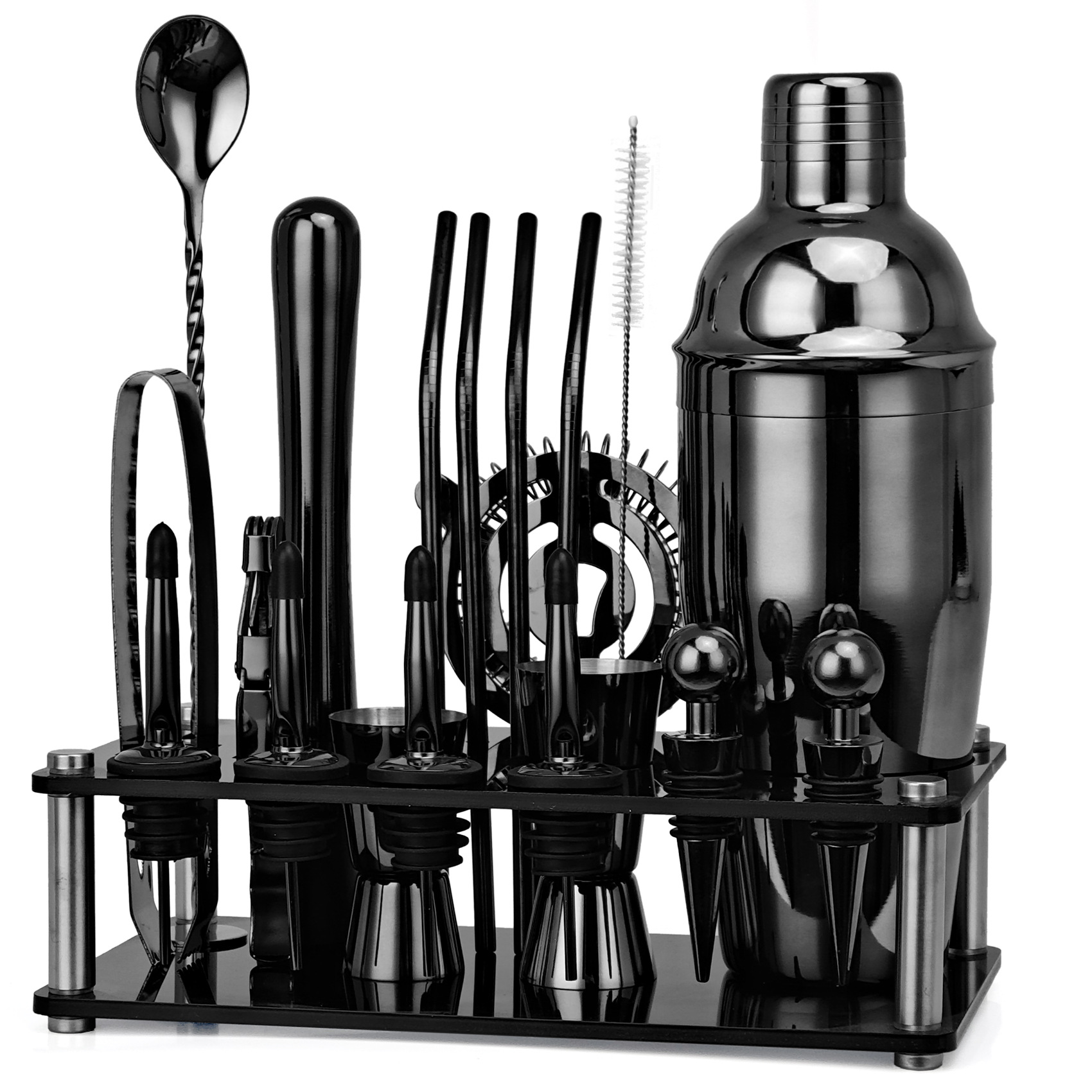 Boston Shaker Set - 20ชิ้นสีดำ/ทองคำสีกุหลาบ/เงิน800/750/600มล. ชุดเชคเกอร์บอสตันชุดบาร์เทนเดอร์ค็อกเทลชุดกระปุกใส่บาร์เครื่องมือยืนสูตรค๊อกเทล