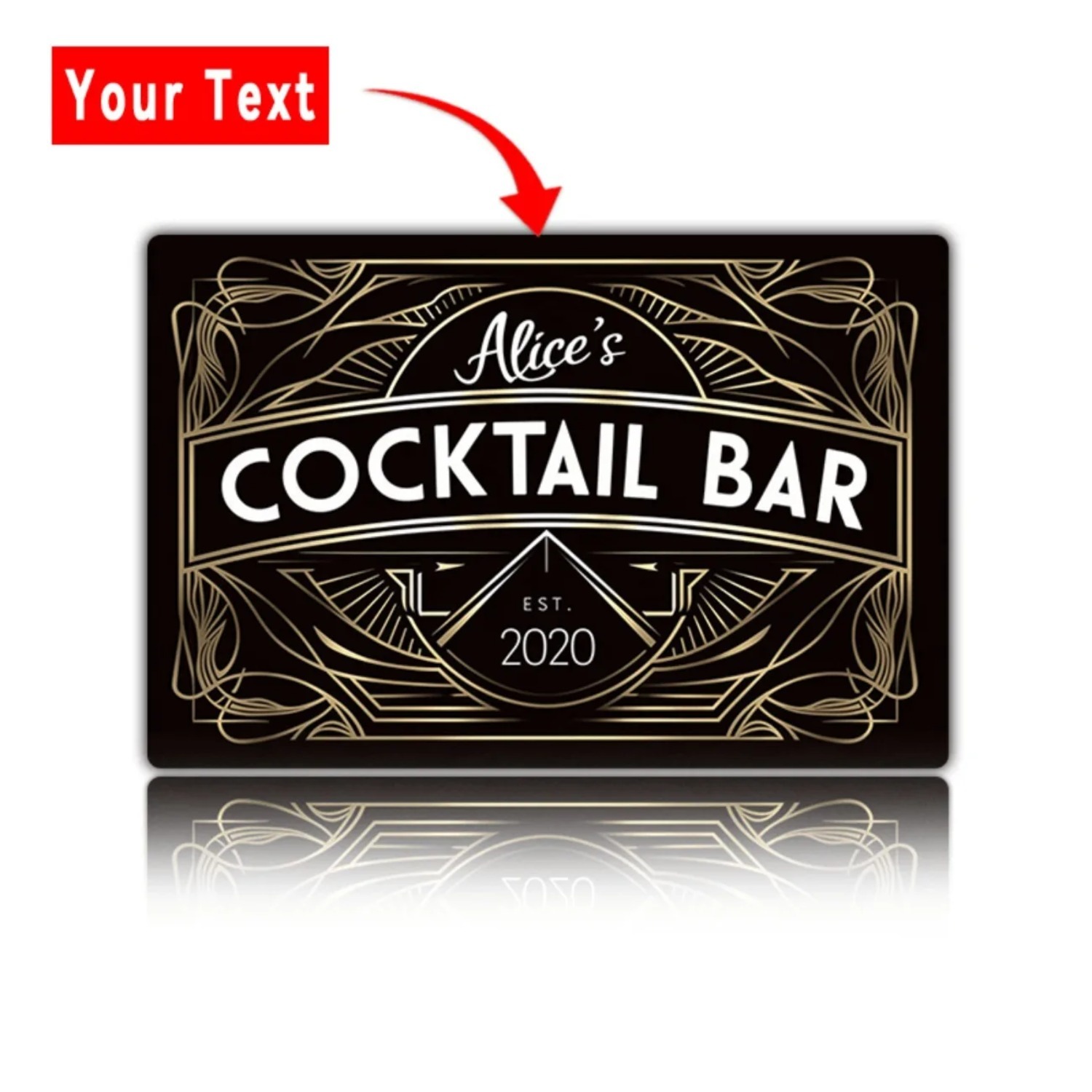 Home Bar Signs - ป้ายโลหะติดผนังสไตล์อาร์ตเดโคแบบปรับแต่งได้ พร้อมข้อความชื่อตามสั่ง สำหรับตกแต่งบาร์ในบ้านหรือห้องพักส่วนตัว กันน้ำ