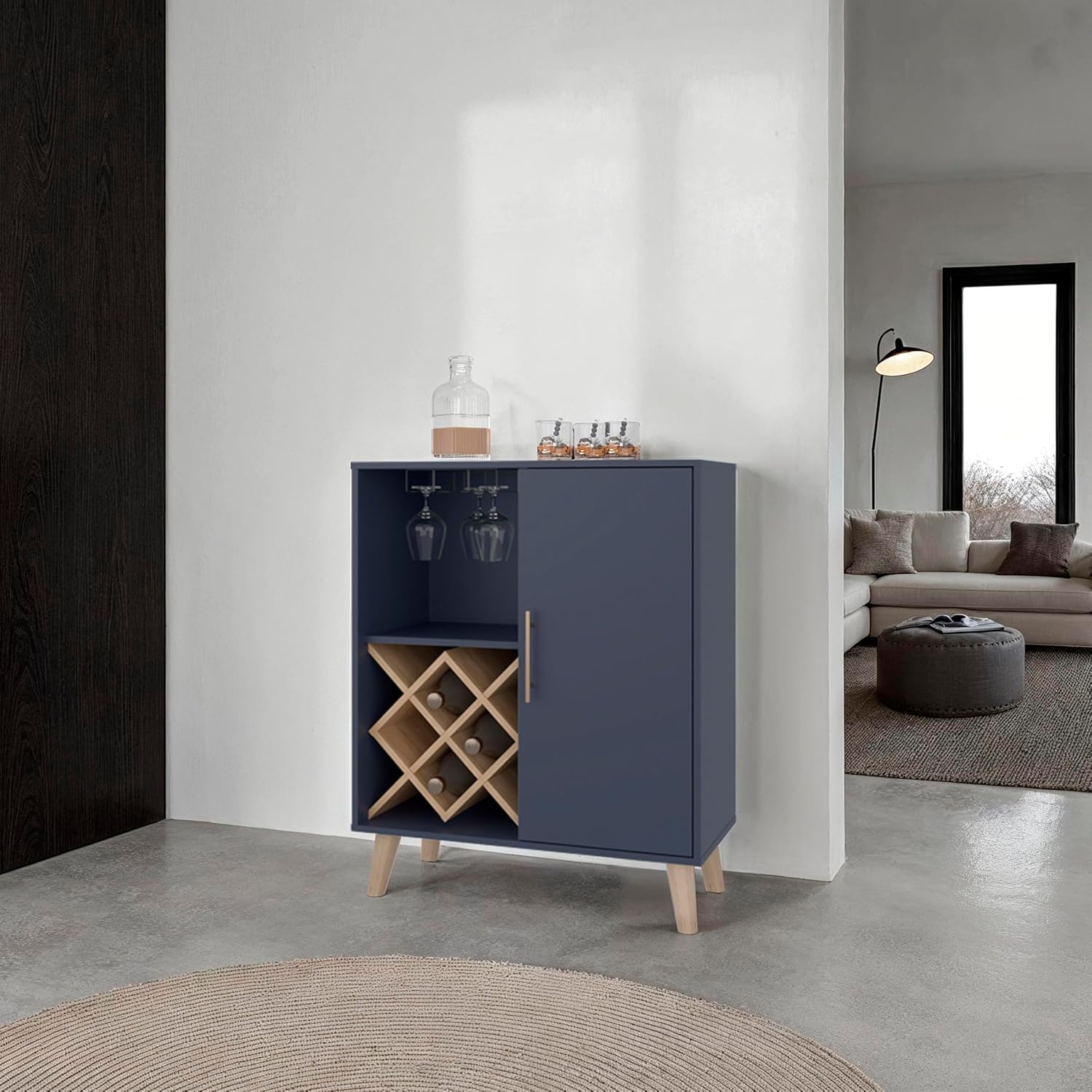 Home Bar Shelves - ตู้บาร์ไม้โอ๊คสีน้ำเงิน 4 ชั้น พร้อมประตูและลิ้นชัก ที่วางไวน์และแก้วไวน์ ขนาด